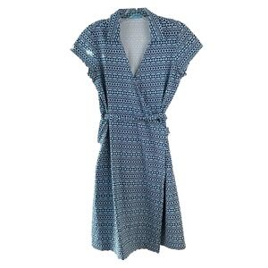 J. McLAUGHLIN Blue Ikat Abstract Geometric‎ Faux Wrap Dress Cap Sleeve Size XS